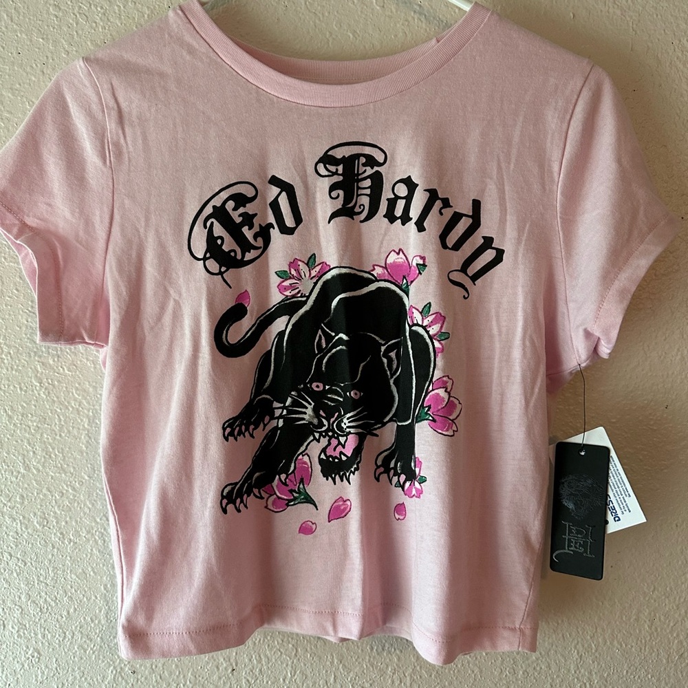 Ed Hardy Pink and Black Short Sleeve Tee with Gothic Panther Design